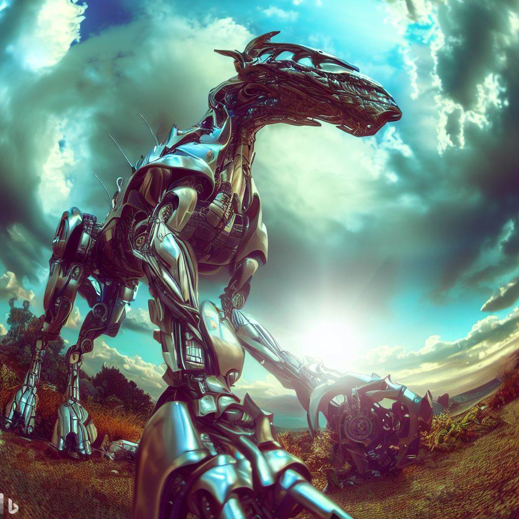 future metallic mech dinosaur in nature, surreal clouds, lens flare, wildlife in foreground, fish-eye lens, realistic h.r. giger style 7.jpg